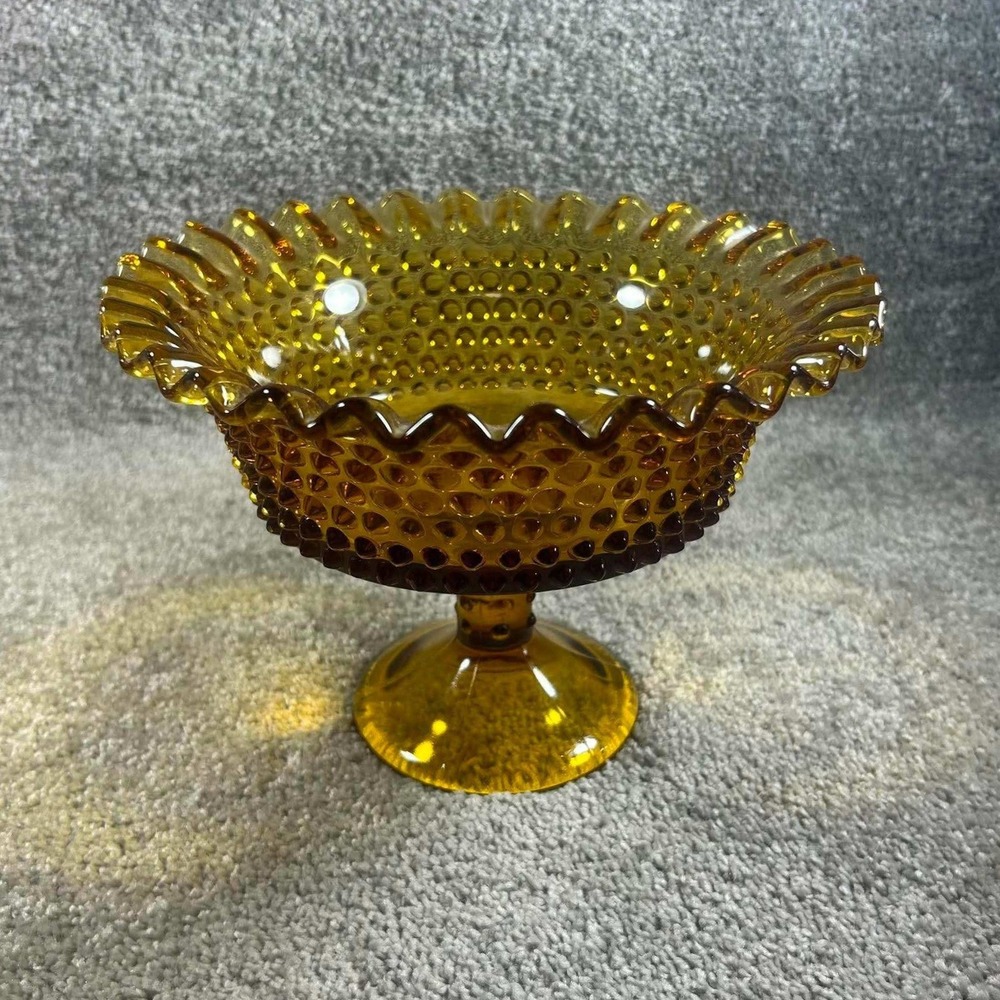 Hobnail Compote Bowl Amber Ruffled Pedestal Dish MCM Decor Vintage 8in